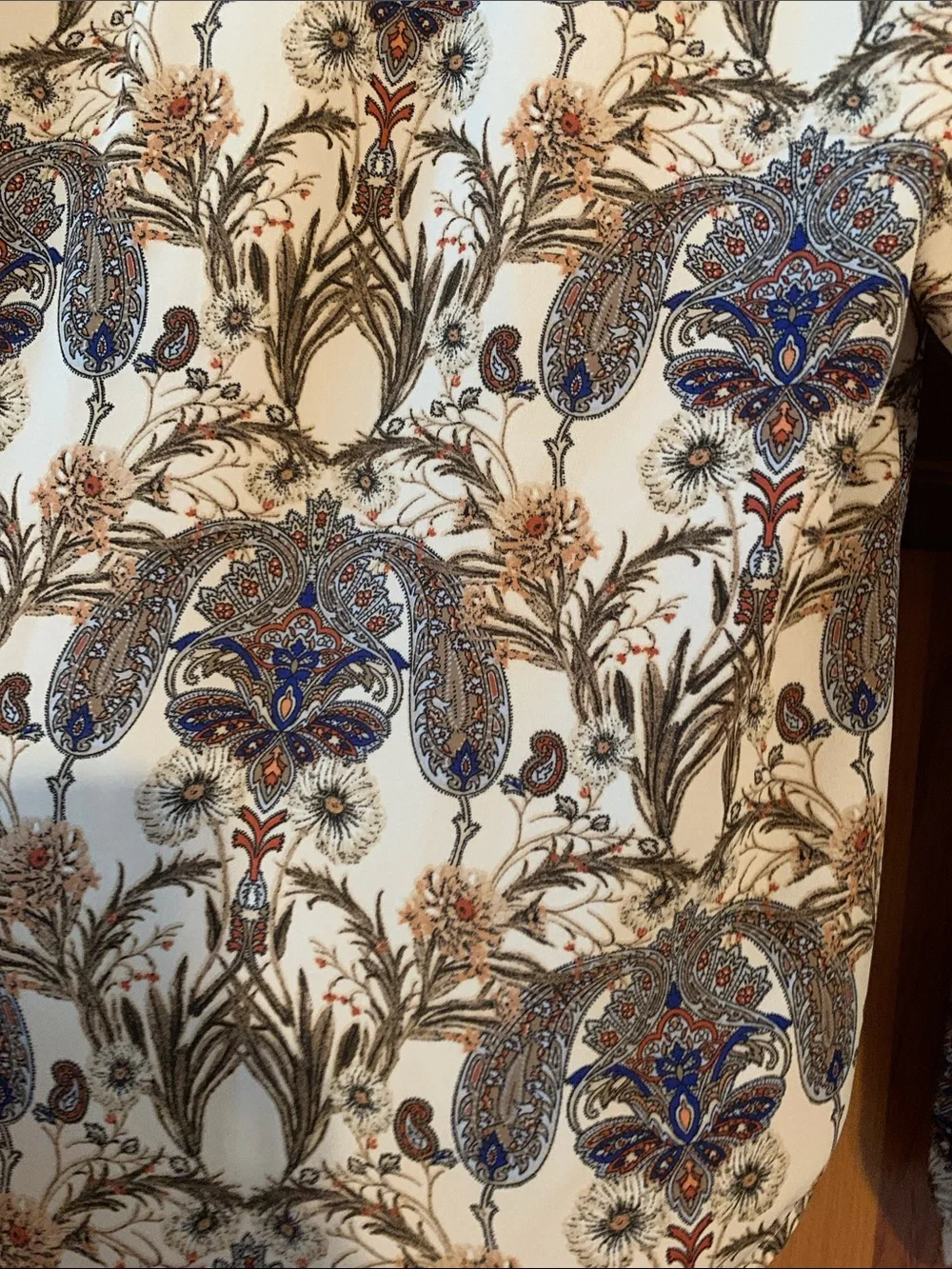 Meadow Rue Boho Paisley Print Peasant Blouse - Cream with Blue & Brown